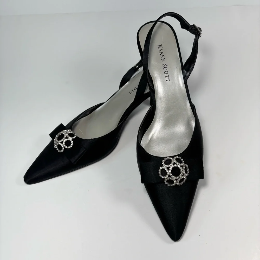 Karen Scott Pointed Toe Black Satin Sling back Kitten Heels Bow Rhinestones 7.5